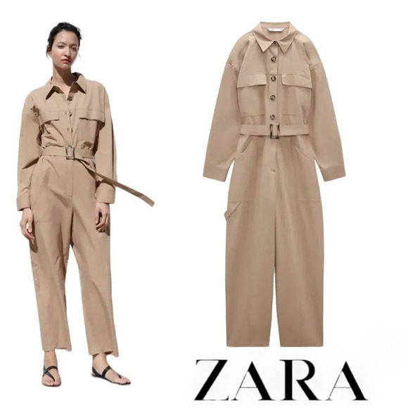 ZARA | Mid-Camel | LONG BELTED JUMPSUIT - Picture 1 of 12